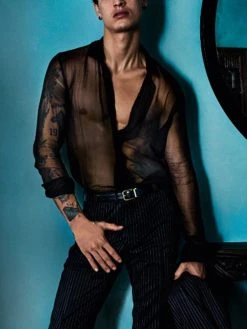 Mens Transparent Mesh See Through Long Sleeve Shirt