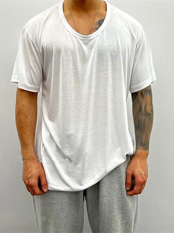 Mens Solid U-Neck Short Sleeve Loose T-Shirt 4 Mens Solid U-Neck Short Sleeve Loose T-Shirt - Image 2