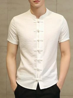 Mens Retro Button Linen Short Sleeve Shirts