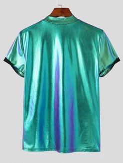 Mens Ombre Metallic Half-Collar Short Sleeve T-Shirt -Incerun Shop 344a95fe 74d5 44e0 bf95 9f4a224aaf98