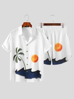 Men's Sunset Beach Print Shirts Set