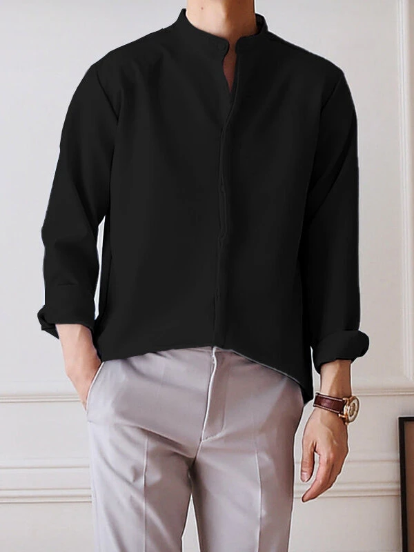 Men Stand-up Collar Silky Solid Color Shirt 3 Men Stand-up Collar Silky Solid Color Shirt