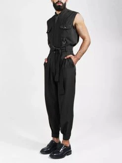 Mens Solid Pleated Flap Pocket Sleeveless Belted Jumpsuit -Incerun Shop 354bf1e8 5b36 4383 86fb f5d0a27216c4
