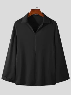 Men Loose Solid Color Long Sleeve Shirt -Incerun Shop 35da86e6 b08b 480b 8a08 aa75fc662b17