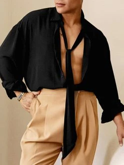 Mens Solid Lapel Long Sleeve Casual Shirt