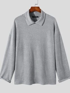 Mens Lapel Solid Color Pullover Knitting Sweater -Incerun Shop 36248cb3 59ee 4f73 90f8 204dbe1fabc6