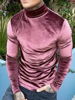 Men Suede High Neck Long Sleeve T-Shirt