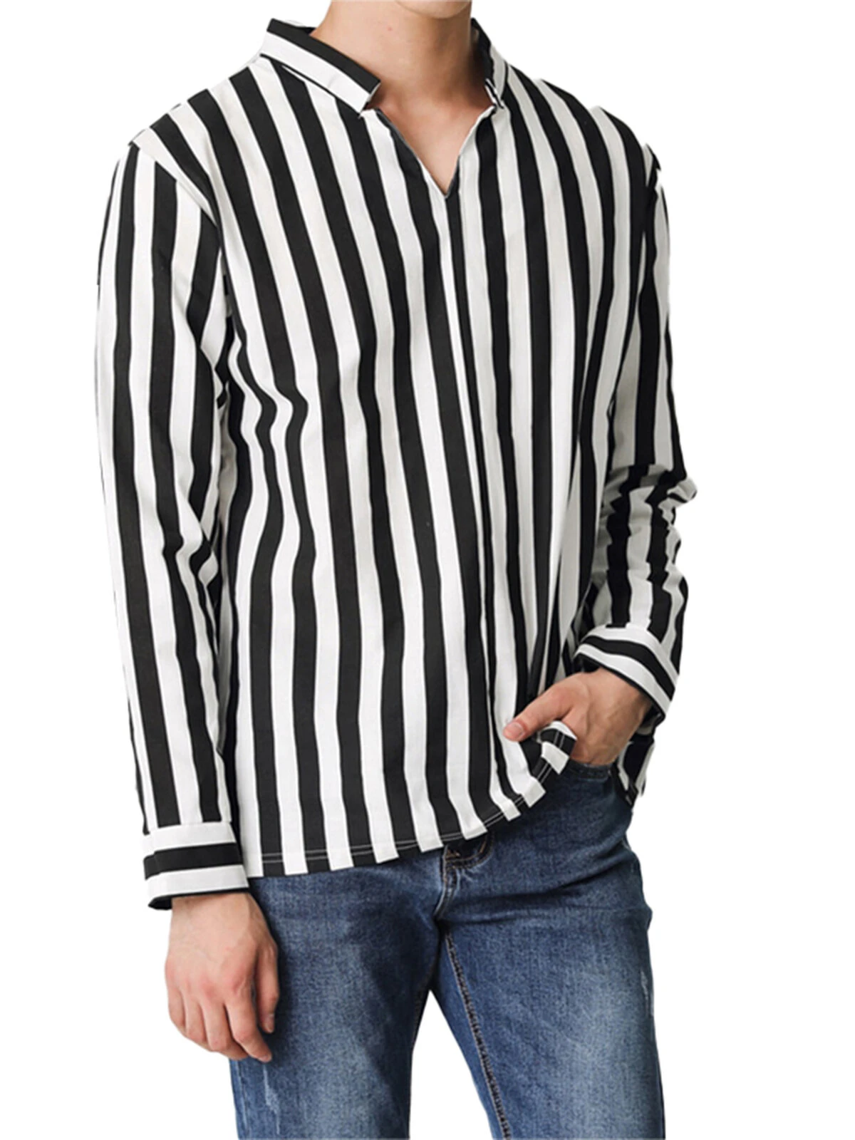 Men's Stand Collar V-neck Striped Shirts 7 Men's Stand Collar V-neck Striped Shirts - Image 5