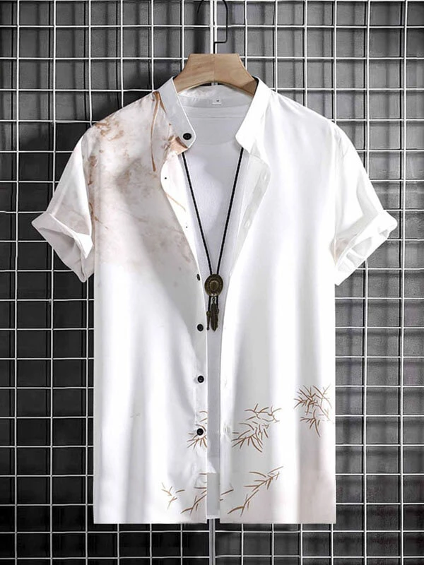 Mens Floral Bamboo Print Stand Collar Short Sleeve Shirt 5 Mens Floral Bamboo Print Stand Collar Short Sleeve Shirt - Image 3