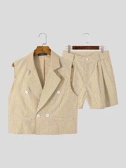 Men Plaid Double Breasted 2 Piece Set -Incerun Shop 374ddd32 a994 4e9a a98a cab6196de2dc