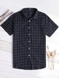 Mens Plaid Lapel Casual Short Sleeve Shirt