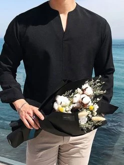 Men V-Neck Solid Color Long Sleeve Shirt