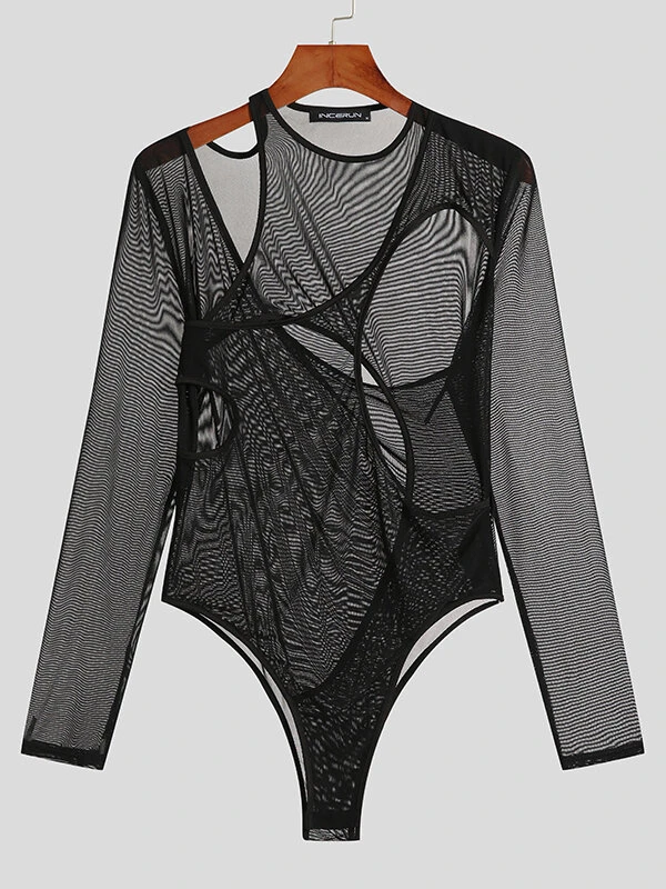 Mens Irregular Mesh Long-sleeved Triangle Bodysuit 4 Mens Irregular Mesh Long-sleeved Triangle Bodysuit - Image 2