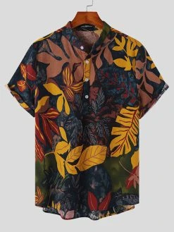 Mens Vintage Plant Print Half Button 100%Cotton Henley Shirt