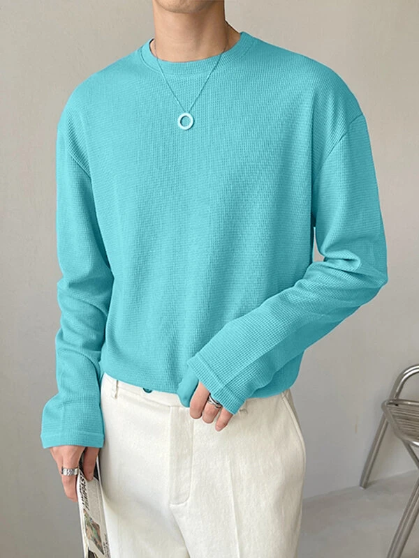Mens Round Neck Waffle Long Sleeve T-Shirt 5 Mens Round Neck Waffle Long Sleeve T-Shirt - Image 3