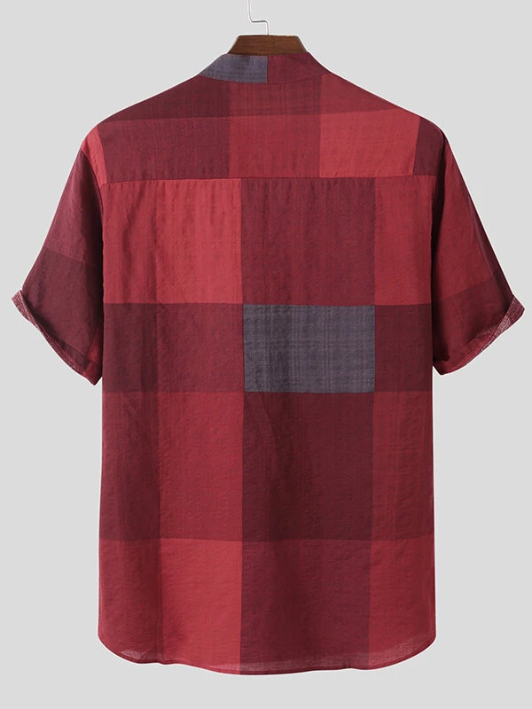 Mens Stand Collar Plaid Short-sleeved Shirt 4 Mens Stand Collar Plaid Short-sleeved Shirt - Image 2