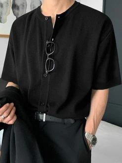 Mens Solid Color Ribbed Knit Loose Shirt