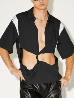 Mens Twist Front Cutout Color Block Shirt -Incerun Shop 3d171304 970c 4638 90d0 ad5b52815660