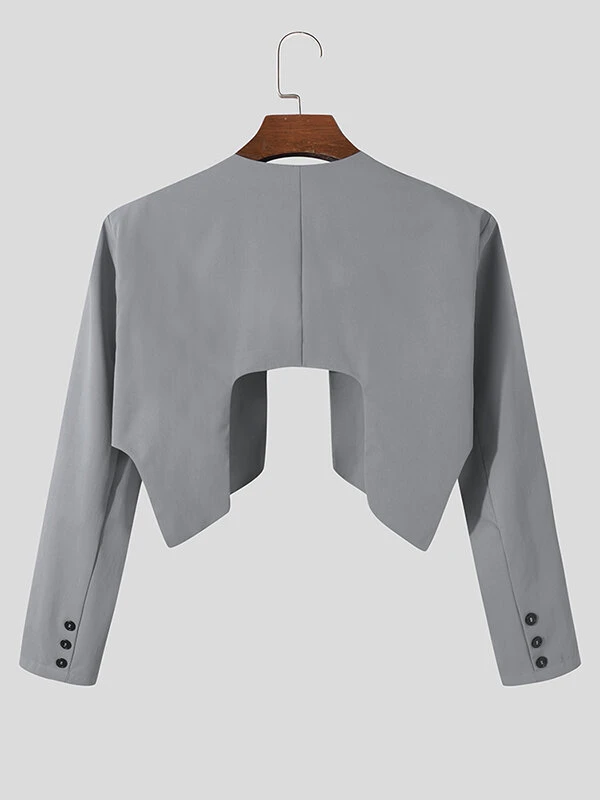 Mens Solid Collarless Irregular Hem Casual Crop Blazer 8 Mens Solid Collarless Irregular Hem Casual Crop Blazer - Image 6