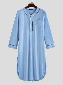 Long Sleeve Henley Shirt Design Chest Pokcets Sleepwear Loungewear Robe For Men -Incerun Shop 3e89edf3 cec8 494e b741 cf1c7ced0380