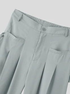 Mens Solid Pleated Tie Side Casual Straight Pants -Incerun Shop 3f32bc48 44d5 46f1 8ef4 d8d0ab9b3370