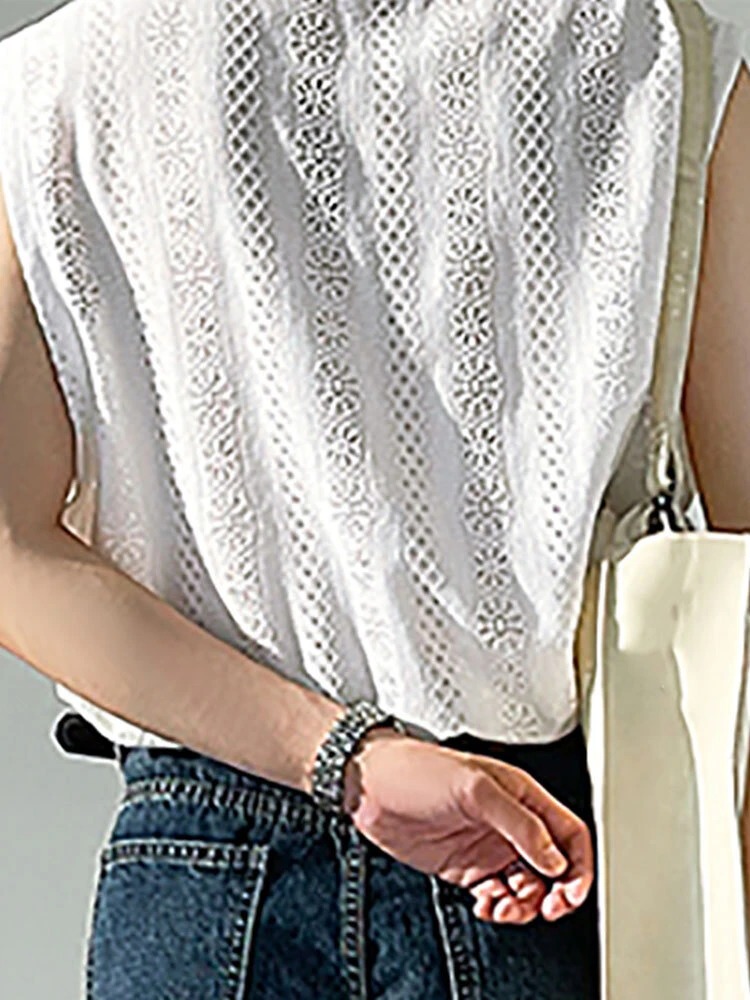 Mens Lace Solid Sleeveless Crew Neck Tank Top 4 Mens Lace Solid Sleeveless Crew Neck Tank Top - Image 2