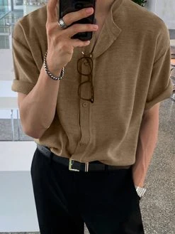 Mens Solid Color Ribbed Knit Loose Shirt -Incerun Shop 402fd750 0244 4b80 a6ed 505286487625