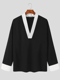 Mens Contrast Patchwork Long Sleeve V-neck T-shirt -Incerun Shop 403bee07 7ffb 4bce abc6 7326f2ae744f
