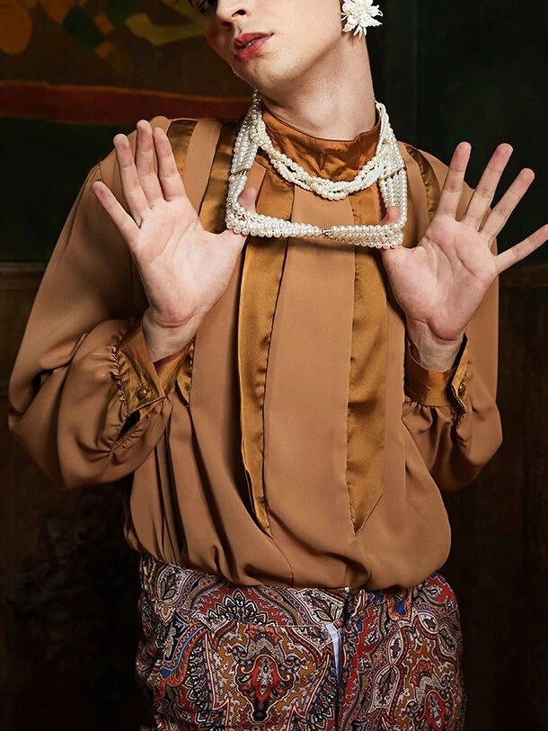 Men Pleated High Neck Long Sleeve Shirt 8 Men Pleated High Neck Long Sleeve Shirt - Image 6