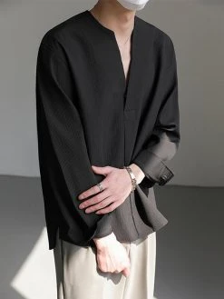 Mens Solid Texture Notched Neck Long Sleeve Shirt -Incerun Shop 407589fb d66c 4a82 81fb 4f518d14e304