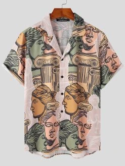 Mens Figure Statue Print Revere Collar Short Sleeve Shirt