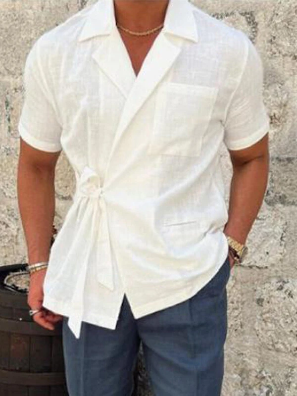 Mens Solid Lapel Tie Side 100%Cotton Short Sleeve Shirt 4 Mens Solid Lapel Tie Side 100%Cotton Short Sleeve Shirt - Image 2