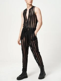 Mens Striped See Through Zip Front Sleeveless Jumpsuit