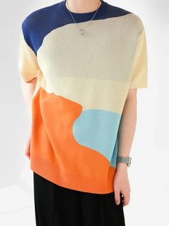 Mens Color Block Patchwork Short Sleeve T-Shirt
