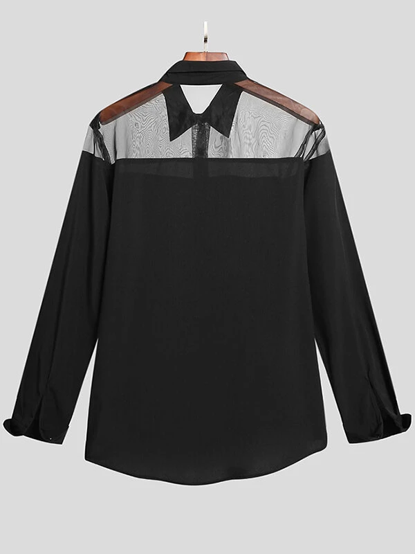 Men Sexy Mesh Patchwork Long Sleeve Shirt 7 Men Sexy Mesh Patchwork Long Sleeve Shirt - Image 5