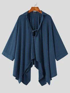 Mens Solid Johnny Collar Irregular Hem 3/4 Sleeve Shirt -Incerun Shop 4439a25e 0d2e 49a9 b14f fd46b9c04005