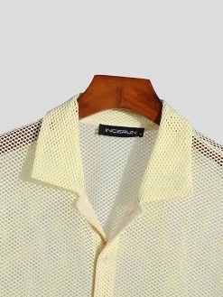 Mens Mesh See Through Lapel Short Sleeve Loose Shirt -Incerun Shop 44967c84 9841 4ae2 ab81 caaa2671d845