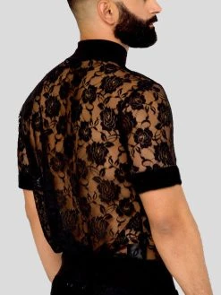 Mens Floral Lace See Through High Neck Short Sleeve T-Shirt -Incerun Shop 44d3a689 5176 4f7c 9d87 6a425a0fd309