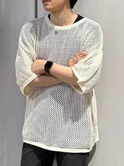 Mens Mesh See Through Crew Neck Drop Shoulder T-Shirt