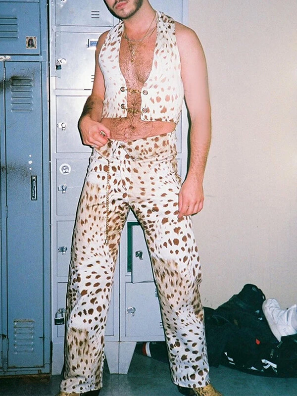 Men Leopard Print Crop Waistcoat Pants Set 5 Men Leopard Print Crop Waistcoat Pants Set - Image 3