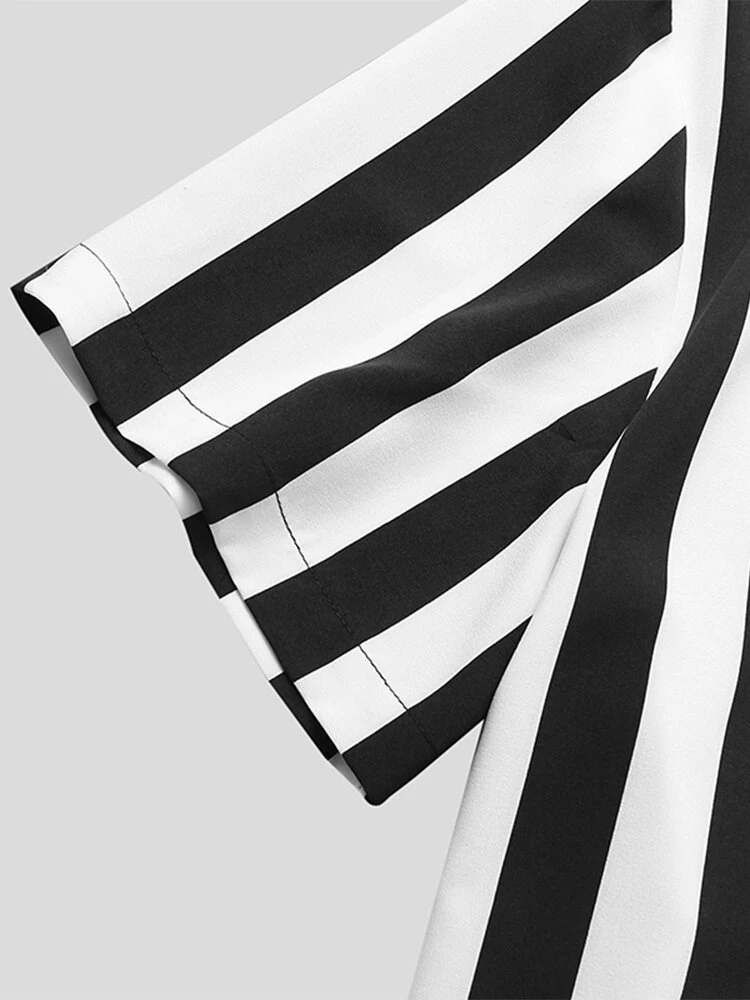 Men Vintage Stand-up Collar Short Sleeve Striped Shirt 7 Men Vintage Stand-up Collar Short Sleeve Striped Shirt - Image 5