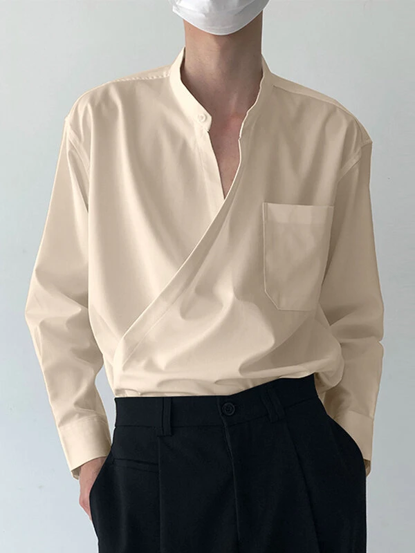 Mens Solid Stand Collar Wrap Design Long Sleeve Shirt 5 Mens Solid Stand Collar Wrap Design Long Sleeve Shirt - Image 3