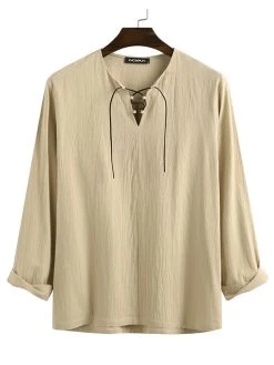 Mens Solid Lace-Up Neck 100%Cotton Long Sleeve T-Shirt 22 Mens Solid Lace-Up Neck 100%Cotton Long Sleeve T-Shirt -Incerun Shop 47ee3f13 74ab 46d5 8b5d 36cb34a3fcdb