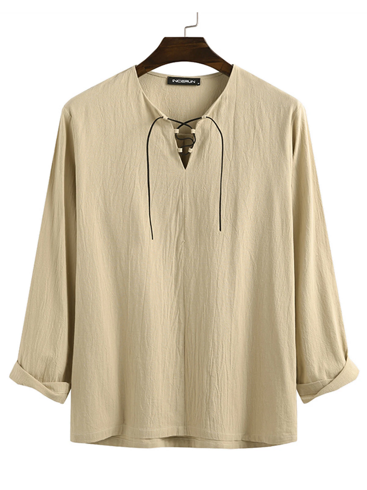 Mens Solid Lace-Up Neck 100%Cotton Long Sleeve T-Shirt 12 Mens Solid Lace-Up Neck 100%Cotton Long Sleeve T-Shirt - Image 10