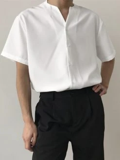 Men V-Neck Short Sleeve Solid Color Shirt -Incerun Shop 48091282 1004 4bd4 9b8e b4842befed7b