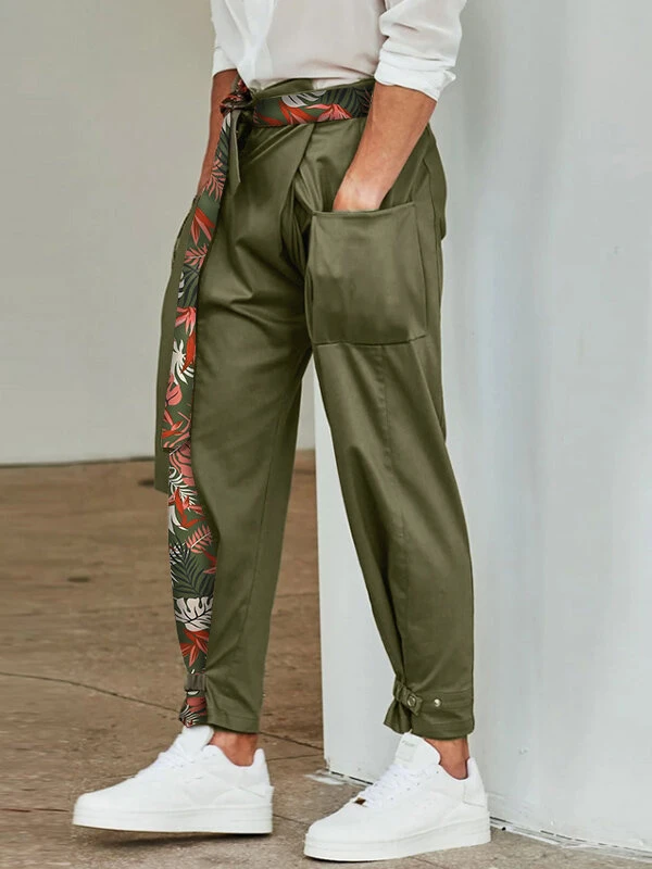 Men Palm Print Spliced Patchwork Belted Pants 4 Men Palm Print Spliced Patchwork Belted Pants - Image 2
