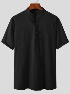 Mens Solid Short Sleeve Button Front Stand Collar Shirt -Incerun Shop 4852ad2f 8626 4dc9 9a14 ac483752ad70