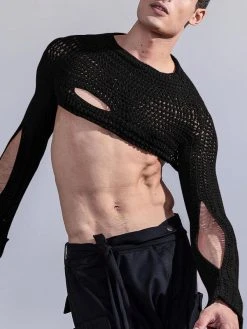 Mens Sexy Cutout Knit Long Sleeves Crop Top