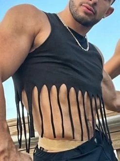 Mens Plain Fringe Crop Tops T-Shirt