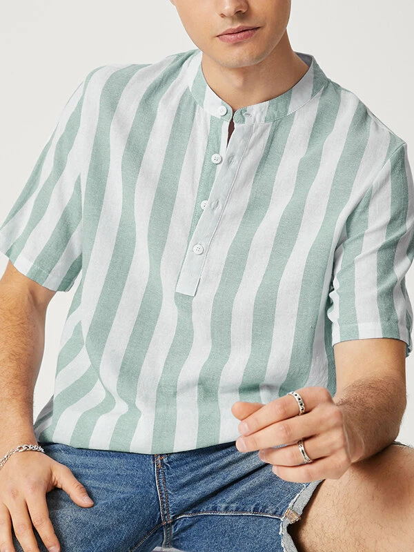Mens Striped Half Button Casual Short Sleeve Henley Shirt 4 Mens Striped Half Button Casual Short Sleeve Henley Shirt - Image 2
